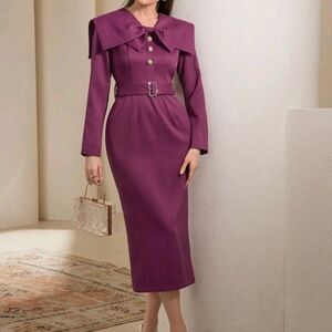 Women's Solid Color Navy Collar Long Sleeve Button Design Elegant Evening Dress